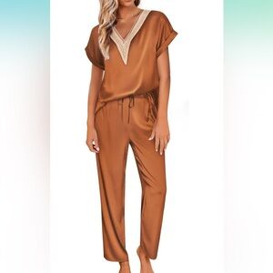 Lace v neck satin pajamas loungewear set